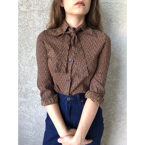 Vintage Tops - Blue and gold blouse with matching neck tie